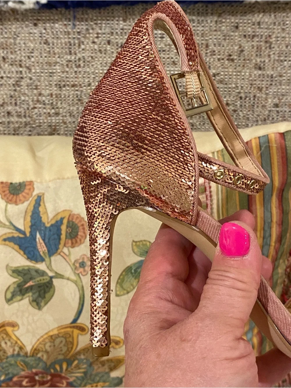 Badgley Mischka Rose Gold Sequin Ankle-Strap Heels